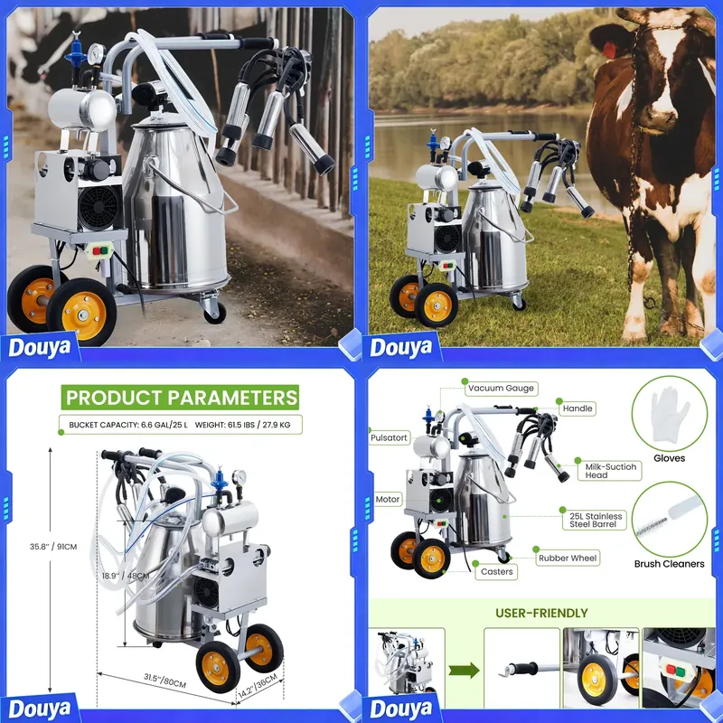 Goat Milking Machine Portable - เครื่องรีดนมไฟฟ้าสำหรับวัวและแพะ แบบพกพา ทำงานอัตโนมัติ พร้อมถังสแตนเลส 304 ขนาด