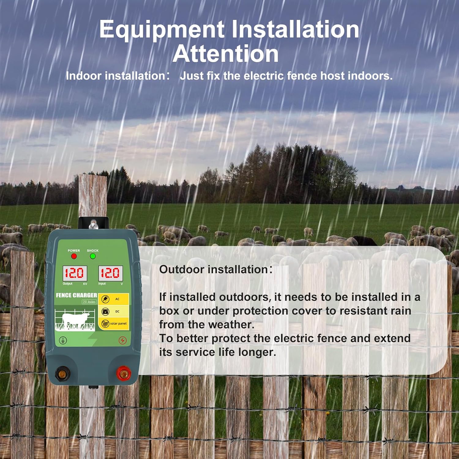 Livestock Fence Energizer 12V - เครื่องกระตุ้นไฟฟ้าสำหรับรั้วไฟฟ้าที่ใช้พลังงานจากแบตเตอรี่โซลาร์เซลล์ 12V, ระบบป้องกันสัตว์เลี้ยงแรงดันสูง 12 กม. สำหรับฟาร์มปศุสัตว์และปศุสัตว์ในฟาร์มเพื่อความปลอดภัยของสัตว์เลี้ยง